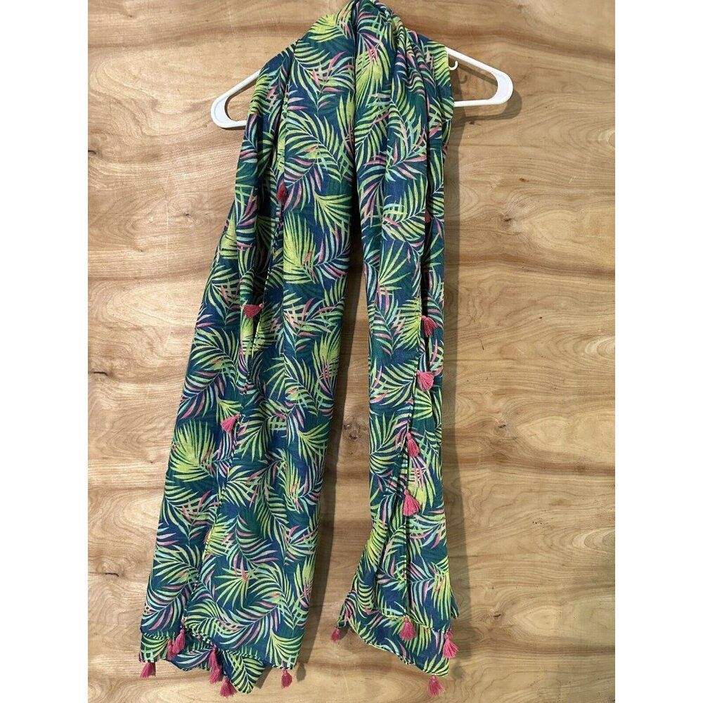 Lands End Floral Tropical Lightweight Scarf Coverup 76”X45 ” Tassle Beach